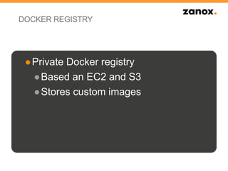 DOCKER REGISTRY
●Private Docker registry
●Based an EC2 and S3
●Stores custom images
 