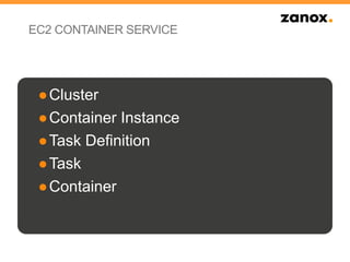 EC2 CONTAINER SERVICE
●Cluster
●Container Instance
●Task Definition
●Task
●Container
 