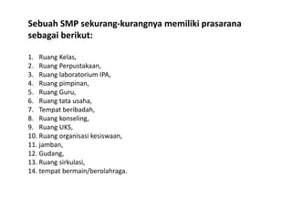 Sebuah SMP sekurang-kurangnya memiliki prasarana
sebagai berikut:
1. Ruang Kelas,
2. Ruang Perpustakaan,
3. Ruang laboratorium IPA,
4. Ruang pimpinan,
5. Ruang Guru,
6. Ruang tata usaha,
7. Tempat beribadah,
8. Ruang konseling,
9. Ruang UKS,
10. Ruang organisasi kesiswaan,
11. jamban,
12. Gudang,
13. Ruang sirkulasi,
14. tempat bermain/berolahraga.
 
