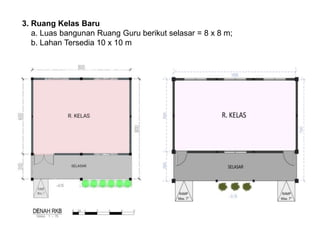 3. Ruang Kelas Baru
a. Luas bangunan Ruang Guru berikut selasar = 8 x 8 m;
b. Lahan Tersedia 10 x 10 m
 