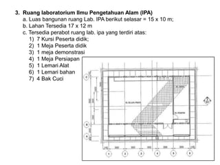 3. Ruang laboratorium Ilmu Pengetahuan Alam (IPA)
a. Luas bangunan ruang Lab. IPA berikut selasar = 15 x 10 m;
b. Lahan Tersedia 17 x 12 m
c. Tersedia perabot ruang lab. ipa yang terdiri atas:
1) 7 Kursi Peserta didik;
2) 1 Meja Peserta didik
3) 1 meja demonstrasi
4) 1 Meja Persiapan
5) 1 Lemari Alat
6) 1 Lemari bahan
7) 4 Bak Cuci
 