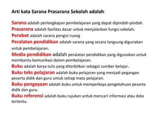 Arti kata Sarana Prasarana Sekolah adalah:
Sarana adalah perlengkapan pembelajaran yang dapat dipindah-pindah.
Prasarana adalah fasilitas dasar untuk menjalankan fungsi sekolah.
Perabot adalah sarana pengisi ruang
Peralatan pendidikan adalah sarana yang secara langsung digunakan
untuk pembelajaran.
Media pendidikan adalah peralatan pendidikan yang digunakan untuk
membantu komunikasi dalam pembelajaran.
Buku adalah karya tulis yang diterbitkan sebagai sumber belajar.
Buku teks pelajaran adalah buku pelajaran yang menjadi pegangan
peserta didik dan guru untuk setiap mata pelajaran.
Buku pengayaan adalah buku untuk memperkaya pengetahuan peserta
didik dan guru.
Buku referensi adalah buku rujukan untuk mencari informasi atau data
tertentu.
 