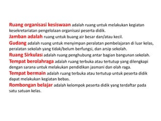 Ruang organisasi kesiswaan adalah ruang untuk melakukan kegiatan
kesekretariatan pengelolaan organisasi peserta didik.
Jamban adalah ruang untuk buang air besar dan/atau kecil.
Gudang adalah ruang untuk menyimpan peralatan pembelajaran di luar kelas,
peralatan sekolah yang tidak/belum berfungsi, dan arsip sekolah.
Ruang Sirkulasi adalah ruang penghubung antar bagian bangunan sekolah.
Tempat berolahraga adalah ruang terbuka atau tertutup yang dilengkapi
dengan sarana untuk melakukan pendidikan jasmani dan olah raga.
Tempat bermain adalah ruang terbuka atau tertutup untuk peserta didik
dapat melakukan kegiatan bebas.
Rombongan belajar adalah kelompok peserta didik yang terdaftar pada
satu satuan kelas.
 