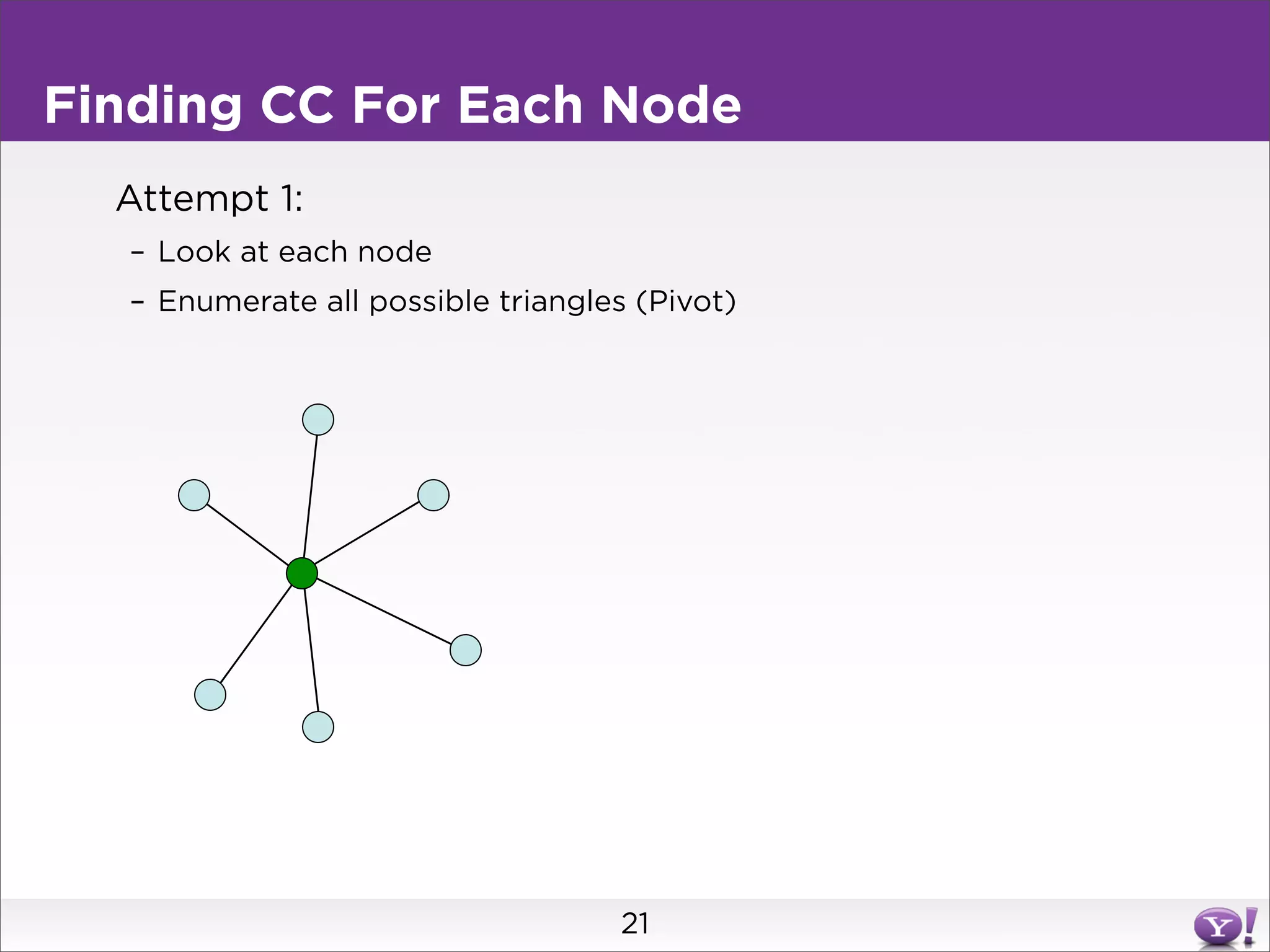 Finding CC For Each Node
  Attempt 1:
  – Look at each node
  – Enumerate all possible triangles (Pivot)




                                   21
 