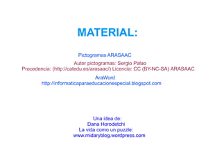 MATERIAL:
                       Pictogramas ARASAAC
                        Autor pictogramas: Sergio Palao
Procedencia: (http://catedu.es/arasaac/) Licencia: CC (BY-NC-SA) ARASAAC
                                AraWord
        http://informaticaparaeducacionespecial.blogspot.com




                             Una idea de:
                           Dana Horodetchi
                       La vida como un puzzle:
                     www.midaryblog.wordpress.com
 
