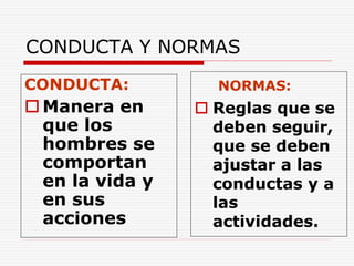 CONDUCTA:
 Manera en
que los
hombres se
comportan
en la vida y
en sus
acciones
NORMAS:
 Reglas que se
deben seguir,
que se deben
ajustar a las
conductas y a
las
actividades.
CONDUCTA Y NORMAS
 