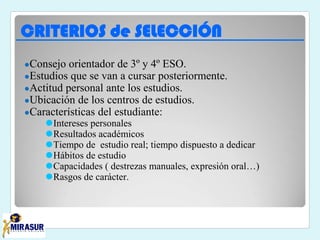 CRITERIOS de SELECCIÓN
●Consejo orientador de 3º y 4º ESO.
●Estudios que se van a cursar posteriormente.
●Actitud personal ante los estudios.
●Ubicación de los centros de estudios.
●Características del estudiante:
⚫Intereses personales
⚫Resultados académicos
⚫Tiempo de estudio real; tiempo dispuesto a dedicar
⚫Hábitos de estudio
⚫Capacidades ( destrezas manuales, expresión oral…)
⚫Rasgos de carácter.
 