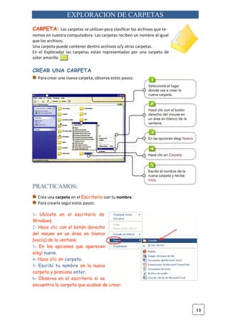 13
EXPLORACION DE CARPETAS
CARPETA: Las carpetas se utilizan para clasificar los archivos que te-
nemos en nuestra computadora. Las carpetas reciben un nombre al igual
que los archivos.
Una carpeta puede contener dentro archivos o/y otras carpetas.
En el Explorador las carpetas están representadas por una carpeta de
color amarillo .
CREAR UNA CARPETA
Para crear una nueva carpeta, observa estos pasos:
PRACTICAMOS:
Crea una carpeta en el Escritorio con tu nombre.
Para crearla seguí estos pasos:
1- Ubícate en el escritorio de
Windows.
2- Hace clic con el botón derecho
del mouse en un área en blanco
(vacía) de la ventana.
3- En las opciones que aparecen
elegí nuevo.
4- Hace clic en carpeta.
5- Escribí tu nombre en la nueva
carpeta y presiona enter.
6- Observa en el escritorio si se
encuentra la carpeta que acabas de crear.
 