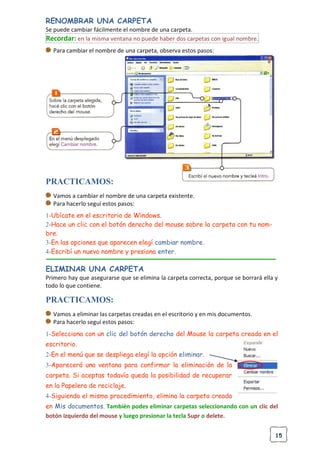 15
RENOMBRAR UNA CARPETA
Se puede cambiar fácilmente el nombre de una carpeta.
Recordar: en la misma ventana no puede haber dos carpetas con igual nombre.
Para cambiar el nombre de una carpeta, observa estos pasos:
PRACTICAMOS:
Vamos a cambiar el nombre de una carpeta existente.
Para hacerlo seguí estos pasos:
1-Ubícate en el escritorio de Windows.
2-Hace un clic con el botón derecho del mouse sobre la carpeta con tu nom-
bre.
3-En las opciones que aparecen elegí cambiar nombre.
4-Escribí un nuevo nombre y presiona enter.
ELIMINAR UNA CARPETA
Primero hay que asegurarse que se elimina la carpeta correcta, porque se borrará ella y
todo lo que contiene.
PRACTICAMOS:
Vamos a eliminar las carpetas creadas en el escritorio y en mis documentos.
Para hacerlo seguí estos pasos:
1-Selecciona con un clic del botón derecho del Mouse la carpeta creada en el
escritorio.
2-En el menú que se despliega elegí la opción eliminar.
3-Aparecerá una ventana para confirmar la eliminación de la
carpeta. Si aceptas todavía queda la posibilidad de recuperar
en la Papelera de reciclaje.
4-Siguiendo el mismo procedimiento, elimina la carpeta creada
en Mis documentos. También podes eliminar carpetas seleccionando con un clic del
botón izquierdo del mouse y luego presionar la tecla Supr o delete.
 