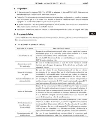MOTOR – MOTORES 3ZZ-FE Y 4ZZ-FE                                       MO-67


8. Diagnóstico
D El diagnóstico de los motores 3ZZ-FE y 4ZZ-FE ha adoptado el sistema EURO-OBD (Diagnóstico a
  bordo Europeo) que cumple con las normativas europeas.
D Cuando la ECU del motor detecta un funcionamiento incorrecto, hace un diagnóstico y guarda en la memo-
  ria la sección en la que ha localizado el fallo. Además, el testigo de comprobación del motor se enciende
  o parpadea en el indicador combinado para avisar al conductor.
D Al mismo tiempo, los DTC (Códigos de diagnóstico de averías) quedan almacenados en la memoria. Los
  DTC pueden leerse conectando un probador manual.
D Para obtener información detallada, consulte el Manual de reparación de Corolla (n_ de pub. RM925S).

9. A prueba de fallos                                                                                           MO
Cuando la ECU del motor detecta un funcionamiento incorrecto, detiene o gobierna el motor conforme a los
datos almacenados en memoria.

"   Lista de control de prueba de fallos A

     Ubicación de la avería                               Descripción del control
                                En caso de un mal funcionamiento de la señal, el motor podría funcionar con
                                rendimiento pobre o el catalizador podría sobrecalentarse si el motor
     Caudalímetro de aire       continúa controlándose con las señales de los sensores.
                                Por ello, la ECU del motor, efectúa un control utilizando los valores de la
                                ECU de motor, o detiene éste.
                                En caso de mal funcionamiento la ECU del motor efectúa un control
       Sensor de posición
                                haciendo que el ángulo de apertura de la válvula del acelerador esté
         del acelerador
                                totalmente cerrado.
                                En caso de señales de mal funcionamiento, el uso de los valores
     Sensor de temperatura      provenientes de los sensores hará que la relación aire-combustible sea
             del agua           demasiado rica o demasiado pobre, lo que haría que el motor se calara o su
                 y              rendimiento fuera pobre durante el funcionamiento en frío. Por ello, la ECU
    Sensor de temperatura del   del motor fija la relación aire-combustible en la relación estoquiométrica
        aire de admisión        y utiliza los valores constantes de 80_C para la temperatura del agua y 20_C
                                para la temperatura del aire de admisión para realizar los cálculos.
                                En caso de mal funcionamiento del sensor de detonación o en el sistema de
                                señal de detonación (circuito abierto o en corto), el motor podría dañarse si
                                la sincronización se avanza a pesar de la presencia de detonación. Por ello,
     Sensor de detonación
                                si se detecta un mal funcionamiento en el sistema del sensor de detonación,
                                la ECU del motor corrige la sincronización tendiendo hacia el retardo del
                                sensor de detonación al valor de retardo máximo.
                                En caso de mal funcionamiento del sistema de encendido, como circuito
                                abierto en la bobina de encendido, el catalizador podría sobrecalentarse
     Bobina de encendido
                                debido a un fallo del encendido del motor. Por ello, si la señal de encendido
       (con dispositivo
                                (IGF) no aparece dos veces o más seguidas, la ECU del motor determina que
        de encendido)
                                existe un mal funcionamiento en el sistema de encendido y detiene sólo la
                                inyección de combustible al cilindro que presenta el mal funcionamiento.
     Sensor de posición del     En caso de mal funcionamiento (circuito abierto o en corto) o mal
         árbol de levas         funcionamiento mecánico, la ECU del motor detiene el control del VVT-i.
 