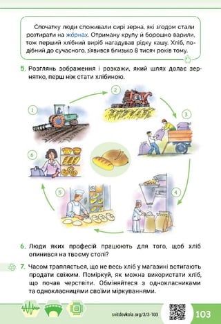 ґ 
Спочатку люди споживали сирі зерна, які згодом стали
розтирати на жорнах. Отриману крупу й борошно варили,
тож перший хлібний виріб нагадував рідку кашу. Хліб, по­
дібний до сучасного, з’явився близько 8 тисяч років тому.
---------------------------------------------------------------------------------------------------------------------------------------------------------------------------------------------------------------------------------------------------------------
Розглянь зображення і розкажи, який шлях долає зер­
нятко, перш ніж стати хлібиною.
6. Люди яких професій працюють для того, щоб хліб
опинився на твоєму столі?
7. Часом трапляється, що не весь хліб у магазині встигають
продати свіжим. Поміркуй, як можна використати хліб,
що почав черствіти. Обміняйтеся з однокласниками
та однокласницями своїми міркуваннями.
svitdovkola.Org/3/3-103 103
 