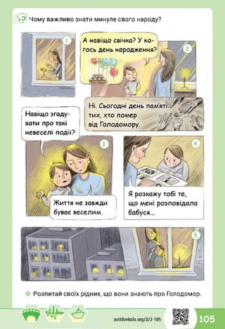 ©
Життя не завжди
буває веселим.
Навіщо згаду­
вати про такі
невеселі події?
тих, хто помер
від Голодомору.
А навіщо свічка? У ко­
гось день народження?
Чому важливо знати минуле свого народу?
Розпитай своїх рідних, що вони знають про Голодомор.
svitdovkola.Org/3/3-105 105
 