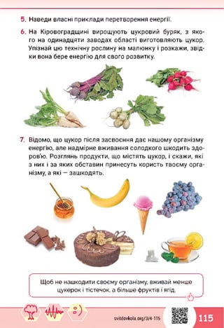 5. Наведи власні приклади перетворення енергії.
6. На Кіровоградщині вирощують цукровий буряк, з яко­
го на одинадцяти заводах області виготовляють цукор.
Упізнай цю технічну рослину на малюнку і розкажи, звід­
ки вона бере енергію для свого розвитку.
7. Відомо, що цукор після засвоєння дає нашому організму
енергію, але надмірне вживання солодкого шкодить здо­
ров'ю. Розглянь продукти, що містять цукор, і скажи, які
з них і за яких обставин принесуть користь твоєму орга­
нізму, а які — зашкодять.
Щоб не нашкодити своєму організму, вживай менше
цукерок і тістечок, а більше фруктів і ягід.
6
svitdovkola.org/374-115
 