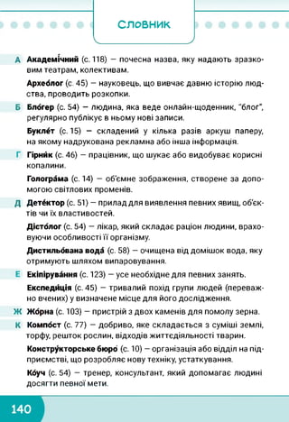 СЛОВНИК
Ч_____________________ 7
А Академічний (с. 118) — почесна назва, яку надають зразко­
вим театрам, колективам.
Археолог (с. 45) — науковець, що вивчає давню історію люд­
ства, проводить розкопки.
Б Блбгер (с. 54) — людина, яка веде онлайн-щоденник, "блог",
регулярно публікує в ньому нові записи.
Буклет (с. 15) — складений у кілька разів аркуш паперу,
на якому надрукована рекламна або інша інформація.
Гірник (с. 46) — працівник, що шукає або видобуває корисні
копалини.
Голограма (с. 14) - об'ємне зображення, створене за допо­
могою світлових променів.
Д Детектор (с. 51) — прилад для виявлення певних явищ, об'єк­
тів чи їх властивостей.
Дієтолог (с. 54) — лікар, який складає раціон людини, врахо­
вуючи особливості її організму.
Дистильована вода (с. 58) — очищена від домішок вода, яку
отримують шляхом випаровування.
Екіпірування (с. 123) — усе необхідне для певних занять.
Експедиція (с. 45) — тривалий похід групи людей (переваж­
но вчених) у визначене місце для його дослідження.
Ж Жорна (с. 103) — пристрій з двох каменів для помолу зерна.
К Компост (с. 77) — добриво, яке складається з суміші землі,
торфу, решток рослин, відходів життєдіяльності тварин.
Конструкторське бюро' (с. 10) - організація або відділ на під­
приємстві, що розробляє нову техніку, устаткування.
Кбуч (с. 54) — тренер, консультант, який допомагає людині
досягти певної мети.
 