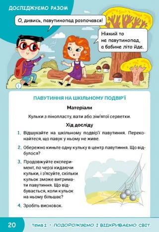 ДОСЛІДЖУЄМО РАЗОМ
ПАВУТИННЯ НА ШКІЛЬНОМУ ПОДВІР’Ї
Матеріали
Кульки з пінопласту, вати або зім'ятої серветки.
Хід досліду
1. Відшукайте на шкільному подвір'ї павутиння. Переко­
найтеся, що павук у ньому не живе.
2. Обережно киньте одну кульку в центр павутиння. Що від
булося?
3. Продовжуйте експери­
мент, по черзі кидаючи
кульки, і з'ясуйте, скільки
кульок зможе витрима­
ти павутиння. Що від­
бувається, коли кульок
на ньому більшає?
4. Зробіть висновок.
тема 1 • ПОДОРОЖУЄМО І ВІДКРИВАЄМО світ
 