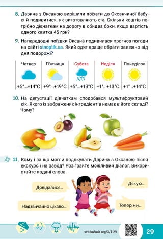 8. Дарина з Оксаною вирішили поїхати до Оксанчиної бабу­
сі й подивитися, як виготовляють сік. Скільки коштів по­
трібно дівчаткам на дорогу в обидва боки, якщо вартість
одного квитка 45 грн?
9. Напередодні поїздки Оксана подивилася прогноз погоди
на сайті sinoptik.ua. Який одяг краще обрати залежно від
дня подорожі?
Четвер П'ятниця Субота Неділя Понеділок
+5°...+14°С +9°...+19°С
/00'
+5°...+13°С +1°...+13°С +1°...+14°С
10. На дегустації дівчаткам сподобався мультифруктовий
сік. Якого із зображених інгредієнтів немає в його складі?
Чому?
Кому і за що могли подякувати Дарина з Оксаною після
екскурсії на завод? Розіграйте можливий діалог. Викори­
стайте подані слова.
Надзвичайно цікаво...
Довідалися...
Тепер ми...
Дякую...
1
і 29
 