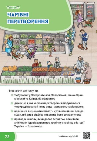 Вивчаючи цю тему, ти:
■& "побуваєш" у Закарпатській, Запорізькій, Івано-Фран­
ківській та Київській областях;
дізнаєшся, які чарівні перетворення відбуваються
у природі восени і чому воду називають чарівницею;
навчишся визначати свіжість курячого яйця і довіда­
єшся, які дива відбуваються під його шкаралупою;
пригадаєш шлях, який долає зернятко, аби стати
хлібиною, і довідаєшся про трагічну сторінку в історії
України - Голодомор.
svitdovkola.Org/3/3-72
 