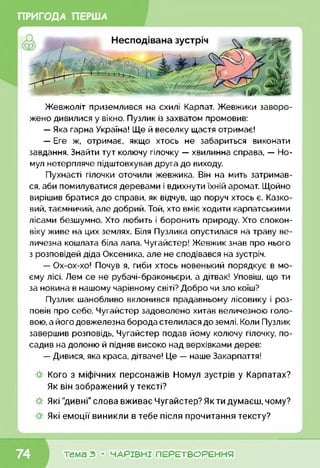 ПРИГОДА ПЕРША
Жевжоліт приземлився на схилі Карпат. Жевжики заворо­
жено дивилися у вікно. Пузлик із захватом промовив:
— Яка гарна Україна! Ще й веселку щастя отримає!
— Еге ж, отримає, якщо хтось не забариться виконати
завдання. Знайти тут колючу гілочку — хвилинна справа, — Но-
мул нетерпляче підштовхував друга до виходу.
Пухнасті гілочки оточили жевжика. Він на мить затримав­
ся, аби помилуватися деревами і вдихнути їхній аромат. Щойно
вирішив братися до справи, як відчув, що поруч хтось є. Казко­
вий, таємничий, але добрий. Той, хто вміє ходити карпатськими
лісами безшумно. Хто любить і боронить природу. Хто спокон­
віку живе на цих землях. Біля Пузлика опустилася на траву ве­
личезна кошлата біла лапа. Чугайстер! Жевжик знав про нього
з розповідей діда Оксеника, але не сподівався на зустріч.
— Ох-ох-хо! Почув я, гиби хтось новенький порядкує в мо­
єму лісі. Лем се не рубачі-браконьєри, а дітвак! Уповіш, що ти
за новина в нашому чарівному світі? Добро чи зло коїш?
Пузлик шанобливо вклонився прадавньому лісовику і роз­
повів про себе. Чугайстер задоволено хитав величезною голо­
вою, а його довжелезна борода стелилася до землі. Коли Пузлик
завершив розповідь, Чугайстер подав йому колючу гілочку, по­
садив на долоню й підняв високо над верхівками дерев:
— Дивися, яка краса, дітваче! Це — наше Закарпаття!
Кого з міфічних персонажів Номул зустрів у Карпатах?
Як він зображений у тексті?
Які "дивні" слова вживає Чугайстер? Якти думаєш, чому?
Які емоції виникли в тебе після прочитання тексту?
ь____________________________________________________________4
тема З • ЧАРІВНІ ПЕРЕТВОРЕННЯ
 