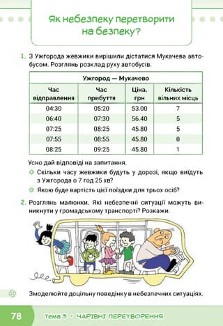 Як небезпеку перетворити
на безпеку?
________________ __________ )
З Ужгорода жевжики вирішили дістатися Мукачева авто­
бусом. Розглянь розклад руху автобусів.
Ужгород — Мукачево
Час
відправлення
Час
прибуття
Ціна,
грн
Кількість
вільних місць
04:30 05:20 53.00 7
06:40 07:30 56.40 5
07:25 08:25 45.80 5
07:55 08:55 45.80 0
08:25 09:25 45.80 1
Усно дай відповіді на запитання.
Скільки часу жевжики будуть у дорозі, якщо виїдуть
з Ужгорода о 7 год 25 хв?
Якою буде вартість цієї поїздки для трьох осіб?
Розглянь малюнки. Які небезпечні ситуації можуть ви­
никнути у громадському транспорті? Розкажи.
Змоделюйте доцільну поведінку в небезпечних ситуаціях.
тема з • ЧАРІВНІ ПЕРЕТВОРЕННЯ
 