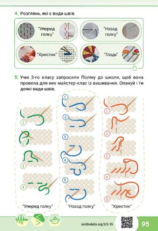 Розглянь, які є види швів.
(___ _____________________ ___
’її к41: і:ї” "Уперед
-У лК;
Учні 3-го класу запросили Поліну до школи, щоб вона
провела для них майстер-клас із вишивання. Опануй і ти
деякі види швів.
"Уперед голку” “Назад голку” “Хрестик1
1
svitdovkola.Org/3/3-95 95
і
 