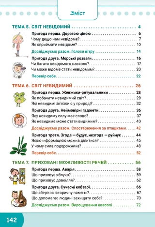 _______________ 7
ЗМІСТ
ТЕМА 5. СВІТ НЕВІДОМИЙ 4
Пригода перша. Дорогою ціною ..
Чому дещо нам невідоме?............
Як сприймати невідоме?..............
Досліджуємо разом. Голоси вітру
Пригода друга. Морські розваги..
Чи багато невідомого навколо?...
Чи може відоме стати невідомим?
Перевір себе.....................................
ТЕМА 6. СВІТ НЕВИДИМИЙ
б
. 7
10
14
16
17
20
22
26
Пригода перша. Жевжики-рятувальники.......................... 28
Як побачити невидимий світ?........................................... 29
Які невидимі зв'язки є у природі?.......................................32
Пригода друга. Неймовірні гаджети................................... 36
Яку невидиму силу має слово?........................................ 37
Як невидиме може стати видимим?..................................40
Досліджуємо разом. Спостереження за пташками....... 42
Пригода третя. Згода — будує, незгода — руйнує............. 44
Якою інформацією можна ділитися?................................ 45
У чому сила подорожника?................................................ 48
Перевір себе..............................................................................52
ТЕМА 7. ПРИХОВАНІ МОЖЛИВОСТІ РЕЧЕЙ.....................56
Пригода перша. Аварія........................................................... 58
Що приховує яблуко?........................................................ 59
Що приховує довкілля?..................................................... 62
Пригода друга. Сучасні кобзарі.............................................66
Що зберігає історичну пам'ять?........................................ 67
Що допомагає людині захищати себе?.............................70
Досліджуємо разом. Вирощування квасолі...................... 72
 
