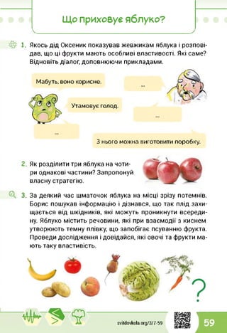 Що приховує яблуко?
1. Якось дід Оксеник показував жевжикам яблука і розпові­
дав, що ці фрукти мають особливі властивості. Які саме?
Відновіть діалог, доповнюючи прикладами.
Мабуть, воно корисне.
Утамовує голод.
З нього можна виготовити поробку.
Як розділити три яблука на чоти­
ри однакові частини? Запропонуй
власну стратегію.
О, 3. За деякий час шматочок яблука на місці зрізу потемнів.
Борис пошукав інформацію і дізнався, що так плід захи­
щається від шкідників, які можуть проникнути всереди­
ну. Яблуко містить речовини, які при взаємодії з киснем
утворюють темну плівку, що запобігає псуванню фрукта.
Проведи дослідження і довідайся, які овочі та фрукти ма­
ють таку властивість.
svitdovkola.org/377-59
1
59
і
 
