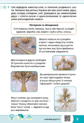 7. Оля відвідала майстер-клас із плетіння різдвяного сно­
па. Залежно від регіону України він має різні назви: дідух,
дідо, коляда, колядник, сніп. Довідайся, що символізував
дідух, і сплети разом з однокласниками та однокласни­
цями цей різдвяний символ.
ґ
Матеріали та обладнання
л
Сніп пашниці (жита, пшениці, льону або проса), сухоцвіт
(деревій, звіробій, мак, верес), груба нитка, ножиці.
Зберіть колоски та сухоцвіти
в букет і міцно обкрутіть стебла
ниткою, починаючи від суцвіття
(ця частина має бути приблизно
10 сантиметрів завдовжки).
Для складання дідуха необхідно
12 пучечків колосків і сухоцвітів.
Верхній має бути найпишнішим.
До центрального великого пучка
по черзі прикладайте менші
й міцно обкручуйте їх ниткою.
Сформуйте "хлібне дерево”.
Жмут соломи, що залишився знизу,
обріжте і розділіть на три частини —
"ніжки”. Кожну обмотайте ниткою.
Коли "ноги” готові — підріжте їх іще
раз, вирівнюючи.
svitdovkola.org/375-9 9
 