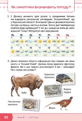 І • < Як синоптики визначають погоду?
_____________________________ )
1. У Дениса виникла ідея разом із хрещеними батька­
ми відвідати унікальний заповідник "Асканія-Нова", що
у Херсонській області. В інтернеті Денис дізнався прогноз
погоди на першу частину місяця. Якого дня температура
повітря буде найвищою? У які дні краще не їхати до запо­
відника? Чому? Обґрунтуй свої міркування.
Пн Вт Ср Чт Пт Сб Нд
1
+21
+13
*+11
+5
3
+11
+6
+12
+5
+15
+9
* +17
+10
7
+20
+12
8
+20
+14
9
+21
+14
10
<+12
+11
11
+18
+13
12
+14
+11
13
^+14
+12
14
<+Ю
+8
2. Денис вирішив зібрати інформацію про тварин, які меш­
кають в "Асканії-Новій". Деяких йому вдалося сфотогра­
фувати. Які з цих тварин рослиноїдні? А які — м'ясоїдні?
Чи є серед них усеїдні?
Фазан
Черепаха
болотяна
Ящірка
прудка
Часничниця
звичайна
тема 8 • ПОГОДА
 
