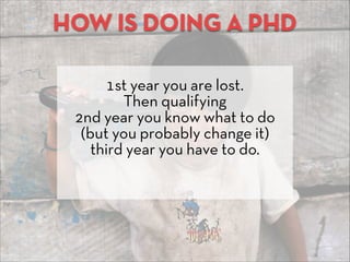HOW IS DOING A PHD
1st year you are lost.
Then qualifying
2nd year you know what to do 
(but you probably change it)
third...