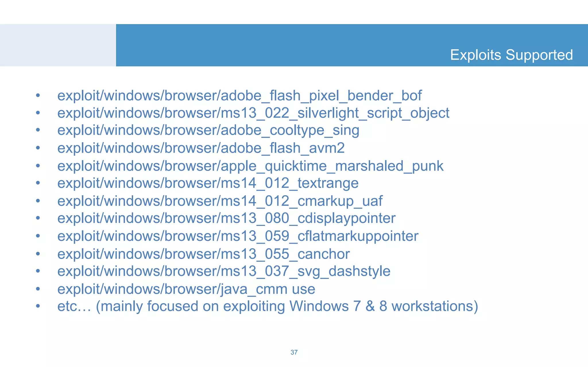 Exploits Supported 
• exploit/windows/browser/adobe_flash_pixel_bender_bof 
• exploit/windows/browser/ms13_022_silverlight_script_object 
• exploit/windows/browser/adobe_cooltype_sing 
• exploit/windows/browser/adobe_flash_avm2 
• exploit/windows/browser/apple_quicktime_marshaled_punk 
• exploit/windows/browser/ms14_012_textrange 
• exploit/windows/browser/ms14_012_cmarkup_uaf 
• exploit/windows/browser/ms13_080_cdisplaypointer 
• exploit/windows/browser/ms13_059_cflatmarkuppointer 
• exploit/windows/browser/ms13_055_canchor 
• exploit/windows/browser/ms13_037_svg_dashstyle 
• exploit/windows/browser/java_cmm use 
• etc… (mainly focused on exploiting Windows 7 & 8 workstations) 
37 
 