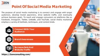Main Point Of Social Media Marketing
The purpose of social media marketing is to connect and engage with target
audiences, develop brand awareness, drive website traffic, and eventually
achieve business goals. To reach and engage consumers on platforms like as
Facebook, Instagram, Twitter, LinkedIn, and YouTube, social media marketing
employs a variety of methods, techniques, and content kinds.
Connect With Your
Audience
Brand Awareness
Increase Sale And
Website Traffic
https://3zenconsulting.com/
 