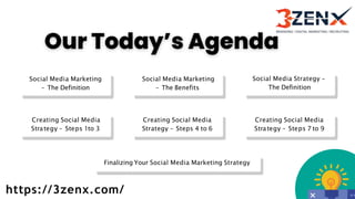 Social Media Marketing
– The Definition
Creating Social Media
Strategy – Steps 1to 3
Social Media Marketing
– The Benefits
Creating Social Media
Strategy – Steps 4 to 6
Finalizing Your Social Media Marketing Strategy
Social Media Strategy –
The Definition
Creating Social Media
Strategy – Steps 7 to 9
https://3zenx.com/
 