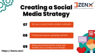 Set up a social media content calendar
Create persuasive, gripping content
Keep your performance track and
modify your strategy accordingly
https://3zenx.com/
 