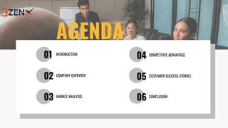 AGENDA
01
02
03
04
05
06
INTRODUCTION
COMPANY OVERVIEW
MARKET ANALYSIS
COMPETITIVE ADVANTAGE
CUSTOMER SUCCESS STORIES
CONCLUSION
 