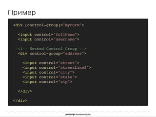 Пример
]
<div [control-group]="myForm">
<input control="fullName">
<input control="username">
<!-- Nested Control Group -->
<div control-group="address">
<input control="street">
<input control="streetLine2">
<input control="city">
<input control="state">
<input control="zip">
</div>
</div>
 