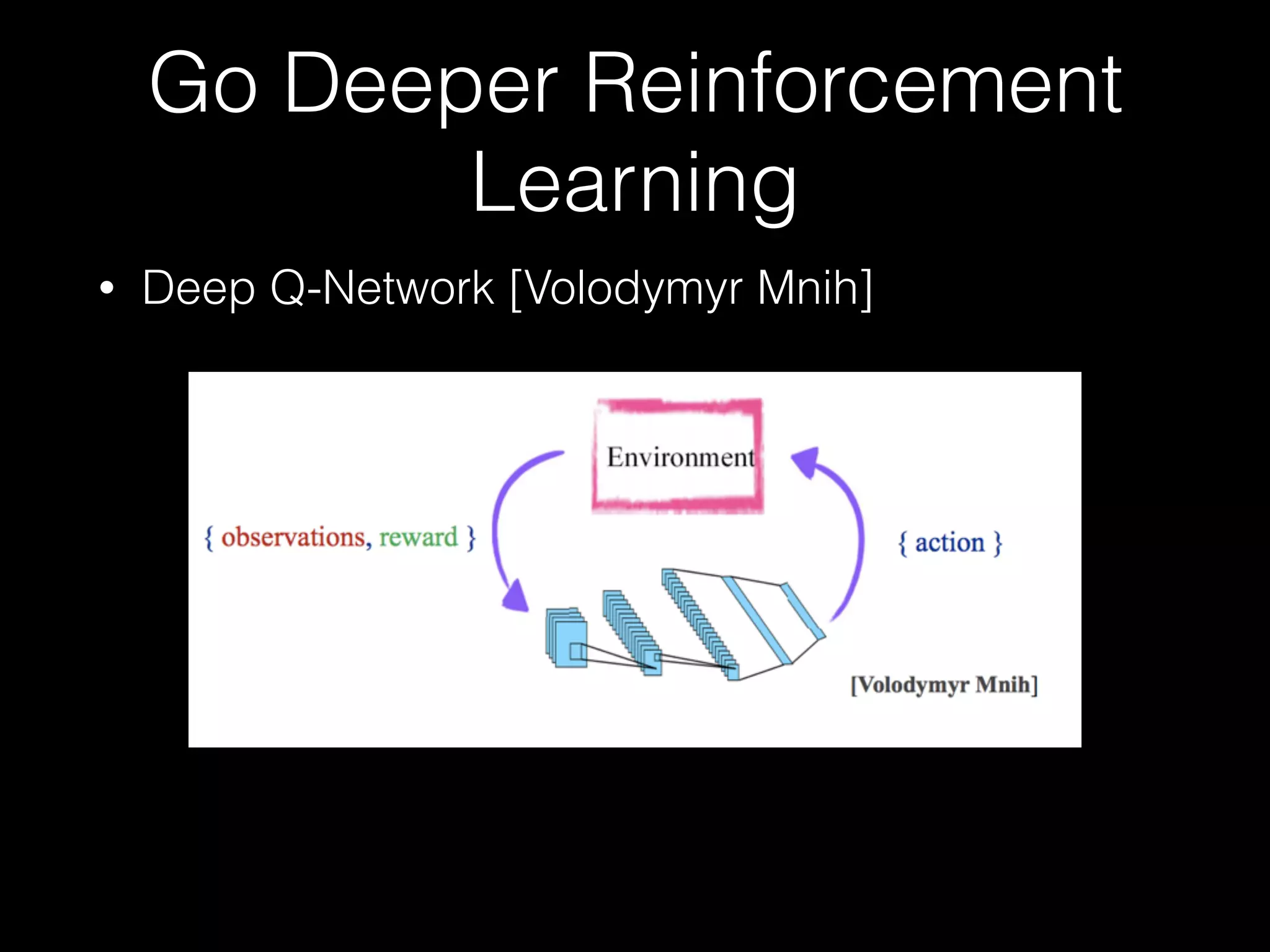 Go Deeper Reinforcement
Learning
• Deep Q-Network [Volodymyr Mnih]
 