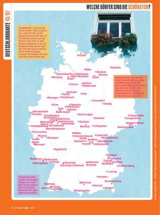 DEUTSCHLANDKARTE 43/07                                                                   WELCHE DÖRFER SIND DIE SCHÖNSTEN?


                                                      Der Wettbewerb „Unser Dorf soll
                                                      schöner werden“ heißt seit diesem
                                                      Jahr „Unser Dorf hat Zukunft“.
                                                      Ausgezeichnet wird nicht mehr nur
                                                      die Schönheit, sondern auch das
                                                      Bemühen eines Ortes, für seine
                                                      Bewohner lebenswert zu sein. Der
                                                      Wettbewerb findet alle drei Jahre
                                                      statt. Die Karte zeigt die Gewinner
                                                      seit der Wiedervereinigung.
                                                      In diesem Jahr bewarben sich rund
                                                      4000 Dörfer, acht erhielten Gold




                                                                                                          Brandenburg hatte noch nie einen
                                                                                                          Sieger, Baden-Württemberg wenige
                                                                                                          und NRW besonders viele. Dort
                                                                                                          legt die Landesregierung Wert darauf,




                                                                                                                                                          Redaktion: Matthias Stolz Infografik: Ralph Stegmaier/caepsele Quelle: Bundesministerium für Ernährung, Landwirtschaft und Verbraucherschutz
                                                                                                          dass stets mehr als 1000 Dörfer
                                                                                                          teilnehmen. Und die allerersten
                                                                                                          Vorbereitungen für den Wettbewerb
                                                                                                          im Jahr 2010 laufen dort bereits




                                                     Oft gewannen Dörfer,
                                                     die ganz nahe beieinan-
                                                     derliegen. Der Grund:
                                                     Wenn ein Dorf gewinnt,
                                                     dann will häufig das
                                  Illustrationen: Frank Nikol




                                                     Nachbardorf drei Jahre
                                                     später auch gewinnen




                            10 ZEITmagazin Leben 43/07




10 Karte_Doerfer 43.indd 10                                                                                                             11.10.2007 11:01:27 Uhr
 