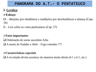 3. Levítico
Esboço
IX – Bênçãos por obediência e maldições por desobediência à aliança (Caps.
26)
X – Leis sobre os votos particulares (Cap. 27)
Fatos importantes
 Ordenação do sumo sacerdote Arão
 A morte de Nadabe e Abiú – Fogo estranho ???
Características especiais
 A revelação divina acontece de maneira muito direta (4.1 e 6.1, etc.)
PANORAMA DO A.T.- O PENTATEUCO
 
