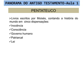 PENTATEUCO
Livros escritos por Moisés, contando a história do
mundo em cinco dispensações:
Inocência
Consciência
Governo humano
Patriarcal
Lei
PANORAMA DO ANTIGO TESTAMENTO-Aula 1
 