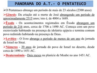O Pentateuco abrange um período de mais de 23 séculos (2300 anos):
Gênesis- Da criação até a morte de José abrangendo um período de
aproximadamente 2315 anos; isto é, de 4004 a 1689.
Êxodo - Os acontecimentos registrados em Êxodo abrangem um
período de 216 anos, cerca de 1706 a 1490 AC. Começa com um povo
escravizado habitando na presença da idolatria egípcia e termina comum
povo redimido habitando na presença de Deus.
Levítico - O livro abrange o período de menos de um ano da jornada
de Israel no Sinai.
Números - 39 anos de jornada do povo de Israel no deserto, desde
cerca de 1490 a 1451 AC.
Deuteronômio - Dois meses na planície de Moabe no ano 1451 AC.
PANORAMA DO A.T.- O PENTATEUCO
 