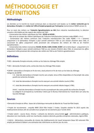 MÉTHODOLOGIE ET 
DÉFINITIONS
10
Méthodologie
Les données sur le marché du  travail  contenues  dans  ce  document  sont  basées  sur  le  métier  recherché par  le 
demandeur d’emploi et le métier de l’offre d’emploi proposée par l’entreprise (nomenclature ROME version 3). 
Pour  ce  zoom  des  métiers  sur  l’Industrie  Agroalimentaire  ou  IAA  (hors  industrie  manufacturière),  la  sélection 
suivante a été établie par des experts des métiers de l’IAA : 
‐ Conservation des métiers spécifiques de l’IAA : H2101 et H2102 ;
‐ Non prise en compte des métiers spécifiques de l’industrie manufacturière (certains codes ROME « H ») ; 
‐ Conservation  des  métiers  communs  avec  l’industrie  manufacturière  (les  codes  ROME  « H » restants) 
uniquement  si  le  demandeur  d’emploi  a  pour  activité antérieure  l’IAA  ou  une  mission  d’intérim  dans  l’IAA,  et 
concernant  les  offres  uniquement  celles  provenant  des  entreprises  des  métiers  de  l’IAA  ou  de  l’intérim 
agroalimentaire ;
‐ Conservation des métiers transverses N1103, N1105, I1304, D1402, D1407, de la même façon : uniquement si le 
demandeur d’emploi a pour activité antérieure l’IAA ou une mission d’intérim dans l’IAA, et concernant les offres 
uniquement celles provenant des entreprises des métiers de l’IAA ou de l’intérim agroalimentaire .
Définitions
▪ DEE = demande d’emploi entrante, entrée sur les listes du chômage Pôle emploi. 
▪ DES = demande d’emploi sortie, sorties des listes du chômage Pôle emploi.
▪ DEFM = demandeurs d’emplois en fin de mois, stock présent en fin de mois sur les listes du chômage.
Catégories de DEFM :
▪ A : total des demandeurs d’emploi inscrits sans emploi, tenus d’être disponibles et d’accomplir des actes 
positifs de recherche d’emploi. 
▪ B : total des demandeurs d’emploi inscrits exerçant une activité réduite courte (≤78h). 
▪ C : total des demandeurs d’emploi inscrits exerçant une activité réduite longue (>78h). 
A+B+C : total des demandeurs d’emploi inscrits accomplissant des actes positifs de recherche d’emploi.
La catégorie A correspond au numérateur retenu par le Bureau International du Travail dans son calcul du 
taux de chômage.
Sources
▪ Demande d’emploi et offres : bases de la Statistique mensuelle du Marché du Travail de Pôle Emploi.
▪ Projets  de  recrutements :  enquête  BMO  2014  Pôle  Emploi  /  Credoc.  Enquête  réalisée  fin  2013  auprès  des 
établissements bretons afin de connaître leurs projets de recrutements pour l’année 2014. 
▪ Emploi  salarié :  source  Acoss.  Champ  =  cotisants  du  domaine  concurrentiel  sauf :  administrations  publiques, 
éducation non marchande, santé non marchande, emplois à domicile, grandes entreprises nationales, régime MSA.
▪ Intérim : déclarations mensuelles de mission des établissements de travail temporaire (base SID nationale Pôle 
emploi) permettant d’obtenir une estimation des intérimaires au dernier jour du mois.
 
