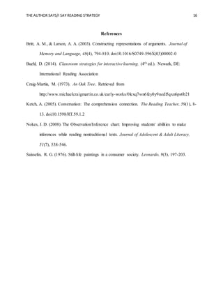 THE AUTHOR SAYS/I SAY READING STRATEGY 16
References
Britt, A. M., & Larson, A. A. (2003). Constructing representations of arguments. Journal of
Memory and Language, 48(4), 794-810. doi:10.1016/S0749-596X(03)00002-0
Buehl, D. (2014). Classroom strategies for interactive learning. (4th ed.). Newark, DE:
International Reading Association
Craig-Martin, M. (1973). An Oak Tree. Retrieved from
http://www.michaelcraigmartin.co.uk/early-works/0lexq7wn6fey0y9nedl5qxn6ps6b2l
Ketch, A. (2005). Conversation: The comprehension connection. The Reading Teacher, 59(1), 8-
13. doi:10.1598/RT.59.1.2
Nokes, J. D. (2008). The Observation/Inference chart: Improving students' abilities to make
inferences while reading nontraditional texts. Journal of Adolescent & Adult Literacy,
51(7), 538-546.
Saisselin, R. G. (1976). Still-life paintings in a consumer society. Leonardo, 9(3), 197-203.
 