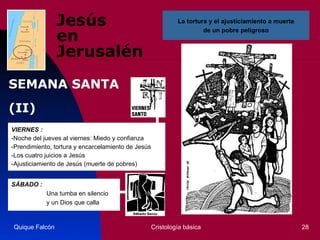 Jesús  en Jerusalén VIERNES : -Noche del jueves al viernes: Miedo y confianza -Prendimiento, tortura y encarcelamiento de Jesús -Los cuatro juicios a Jesús -Ajusticiamiento de Jesús (muerte de pobres) Quique Falcón Cristología básica La tortura y el ajusticiamiento a muerte de un pobre peligroso SEMANA SANTA  (II) SÁBADO : Una tumba en silencio  y un Dios que calla 