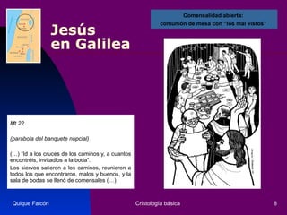 Jesús  en Galilea Mt 22  (parábola del banquete nupcial) (…) “Id a los cruces de los caminos y, a cuantos encontréis, invitadlos a la boda”.  Los siervos salieron a los caminos, reunieron a todos los que encontraron, malos y buenos, y la sala de bodas se llenó de comensales (…)  Quique Falcón Cristología básica Comensalidad abierta:  comunión de mesa con “los mal vistos”  