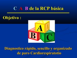 C A B de la RCP básica
Objetivo :




Diagnostico rápido, sencillo y organizado
       de paro Cardiorespiratotio
 