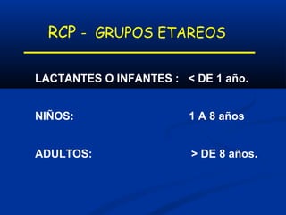RCP - GRUPOS ETAREOS

LACTANTES O INFANTES : < DE 1 año.


NIÑOS:                  1 A 8 años


ADULTOS:                > DE 8 años.
 