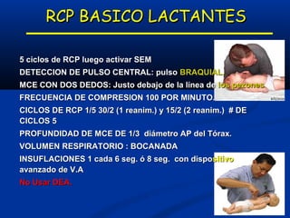 RCP BASICO LACTANTES

5 ciclos de RCP luego activar SEM
DETECCION DE PULSO CENTRAL: pulso BRAQUIAL.
MCE CON DOS DEDOS: Justo debajo de la línea de los pezones
FRECUENCIA DE COMPRESION 100 POR MINUTO.
CICLOS DE RCP 1/5 30/2 (1 reanim.) y 15/2 (2 reanim.) # DE
CICLOS 5
PROFUNDIDAD DE MCE DE 1/3 diámetro AP del Tórax.
VOLUMEN RESPIRATORIO : BOCANADA
INSUFLACIONES 1 cada 6 seg. ó 8 seg. con dispositivo
avanzado de V.A
No Usar DEA.
 