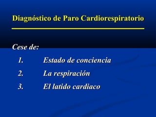 Diagnóstico de Paro Cardiorespiratorio


Cese de:
 1.        Estado de conciencia
 2.        La respiración
 3.        El latido cardiaco
 