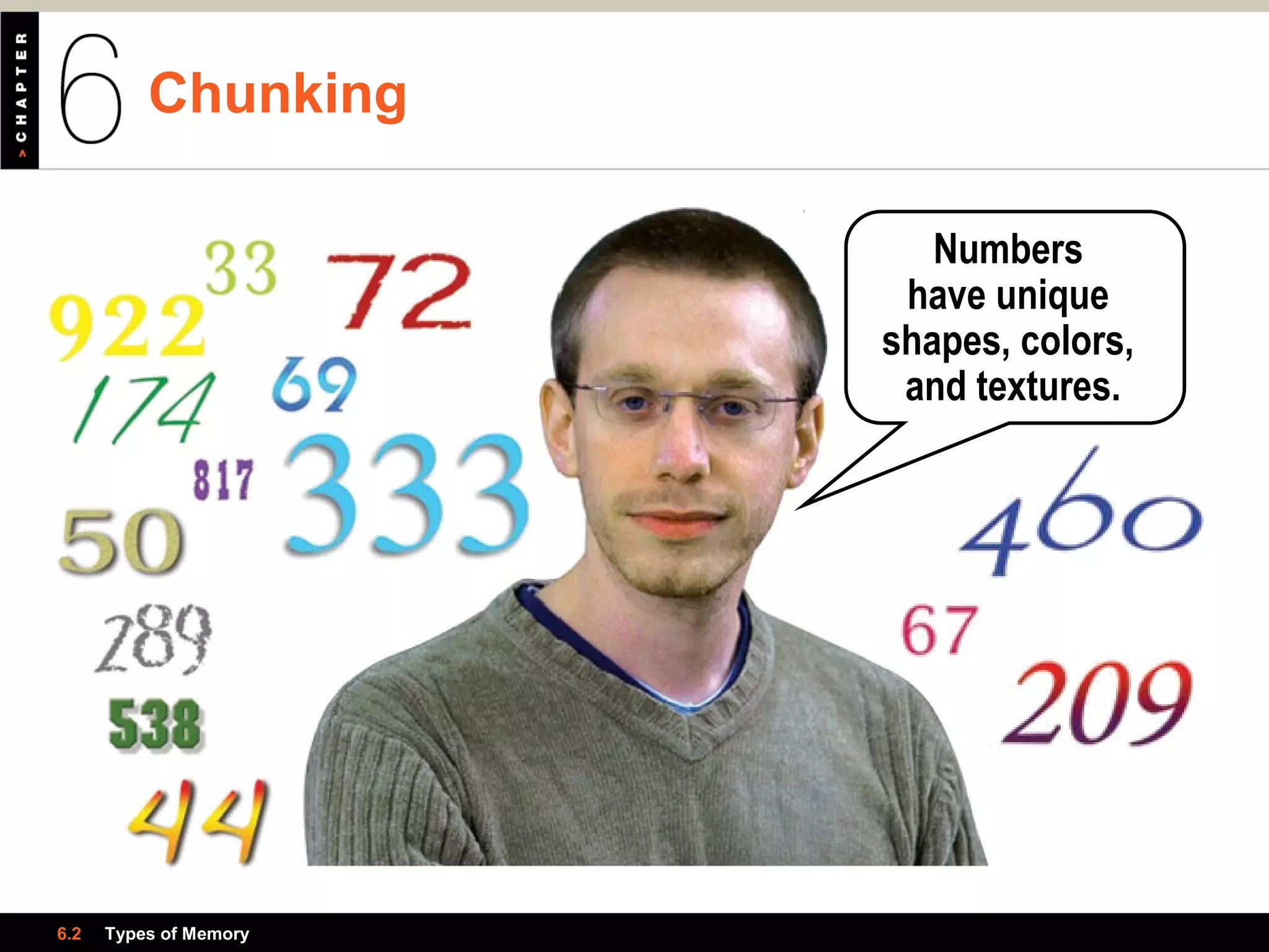 Chunking
6.2 Types of Memory
Numbers
have unique
shapes, colors,
and textures.
 