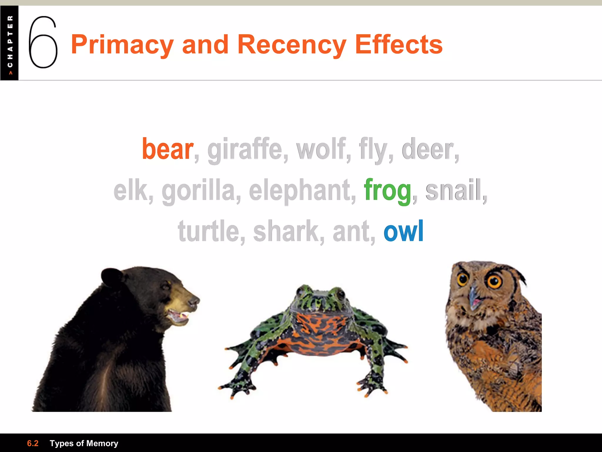 bear, giraffe, wolf, fly, deer,
elk, gorilla, elephant, frog, snail,
turtle, shark, ant, owl
bear, giraffe, wolf, fly, deer,
elk, gorilla, elephant, frog, snail,
turtle, shark, ant, owl
Primacy and Recency Effects
6.2 Types of Memory
 